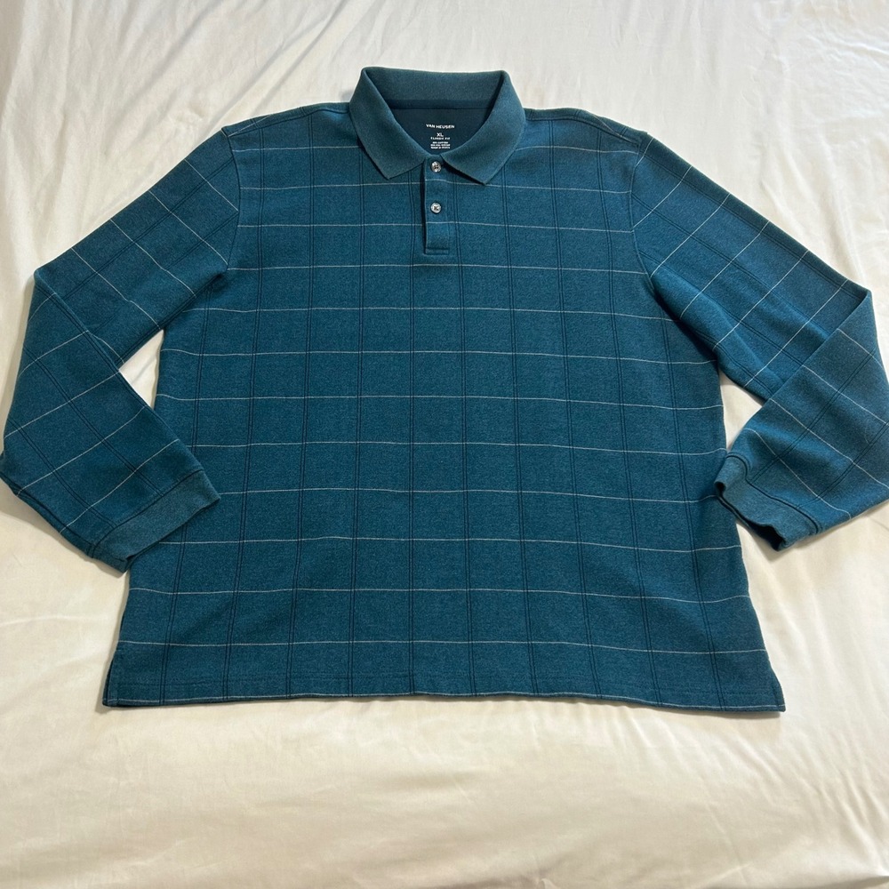 Van Heusen Mens XL Teal Blue Grid Check Long Sleeve Polo Shirt Classic Fit
